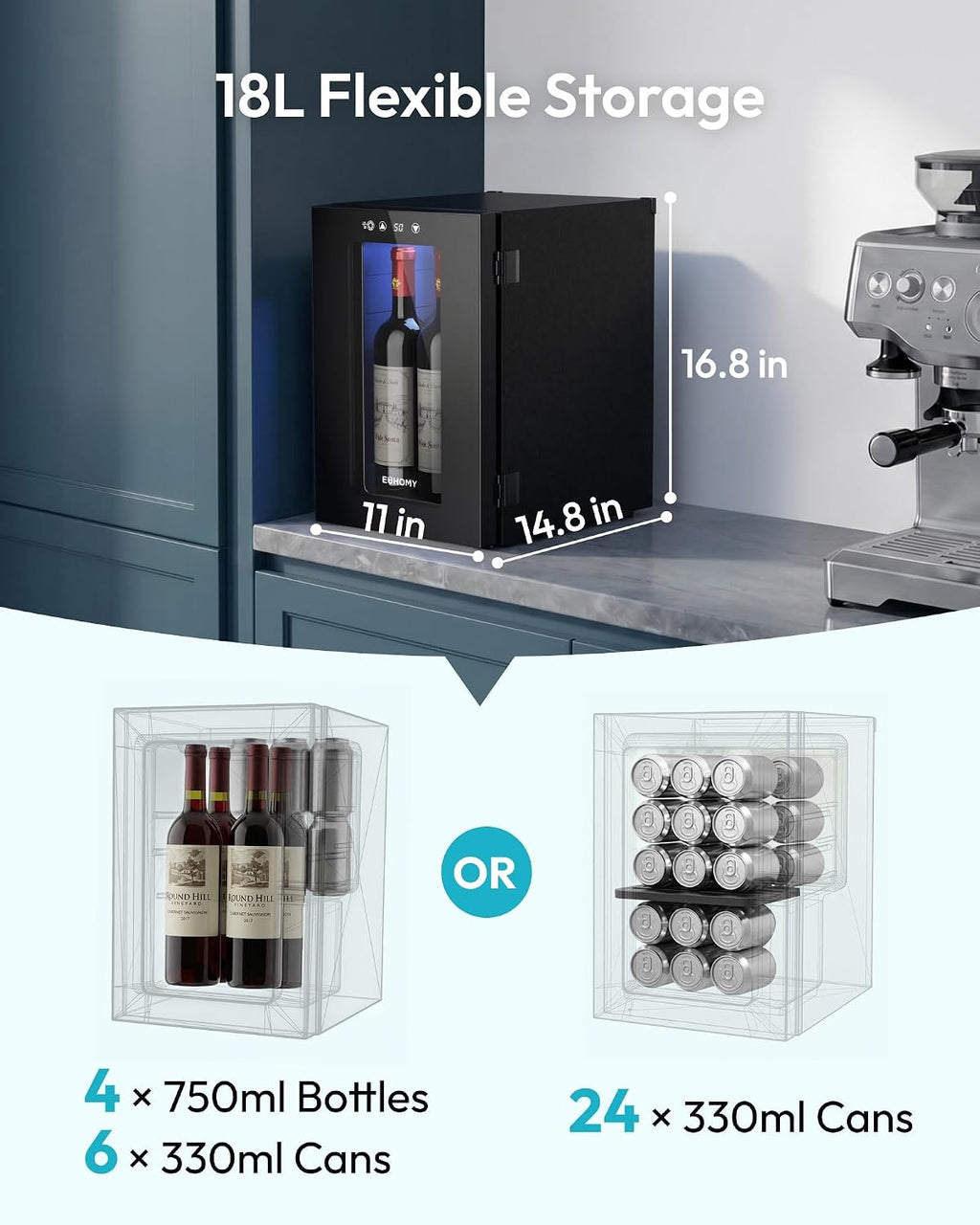 18L Wine Fridge Mini Fridge, Freestanding Counter-top Wine Cooler