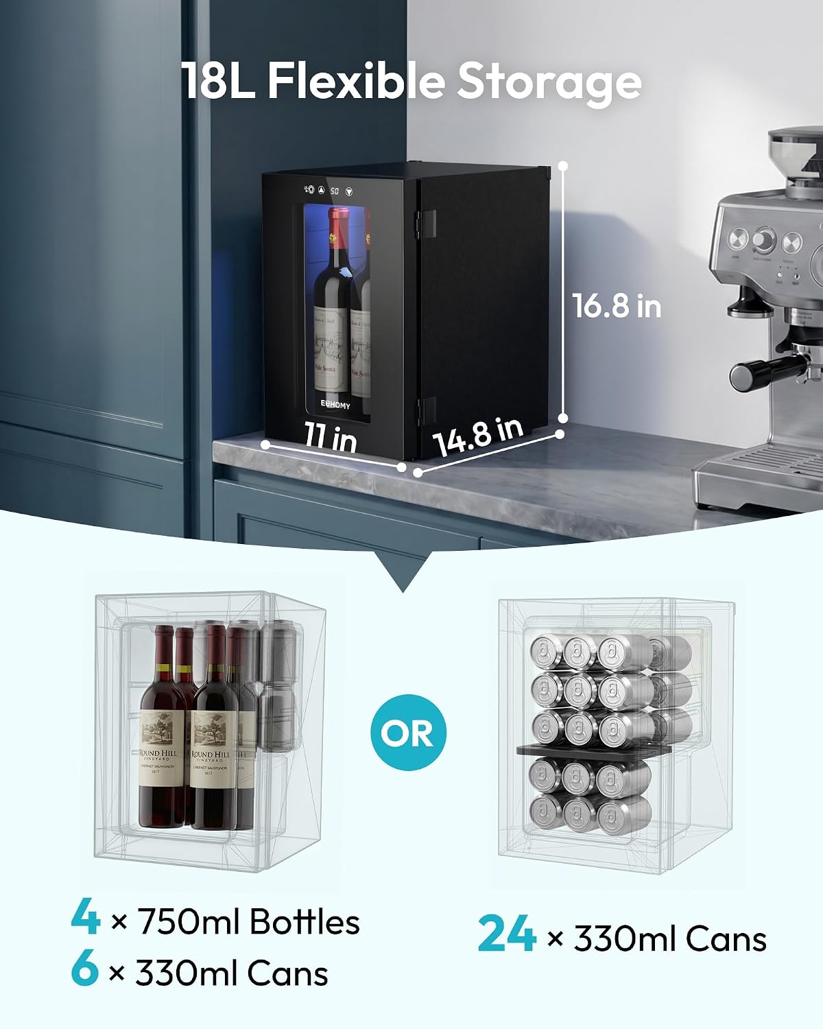 18L Wine Fridge Mini Fridge, Freestanding Counter-top Wine Cooler