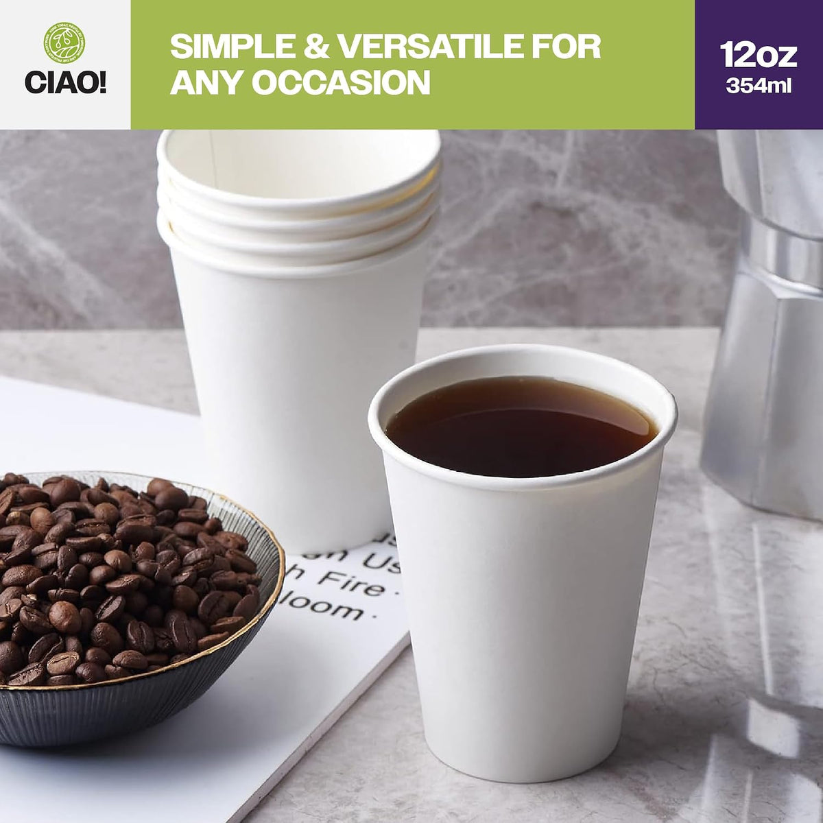 12oz White Paper Hot Cup, Disposable, 90mm Diameter 1,000 Count
