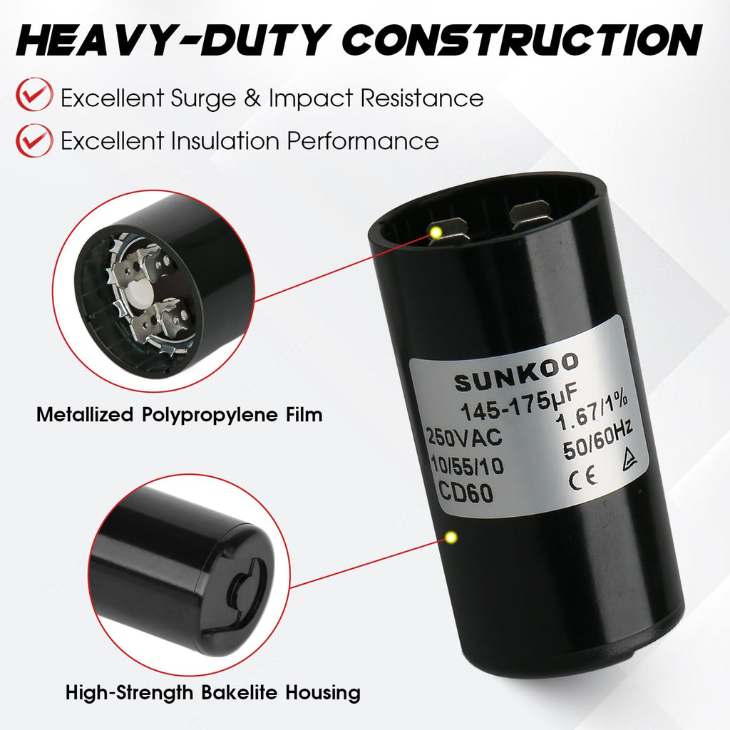 CD60 Motor Start Capacitor, 145–175 uF, 220–250VAC, 50/60Hz, Round Start Capacitor for AC Motor, Air Compressor, Well Pump, Pool Pump