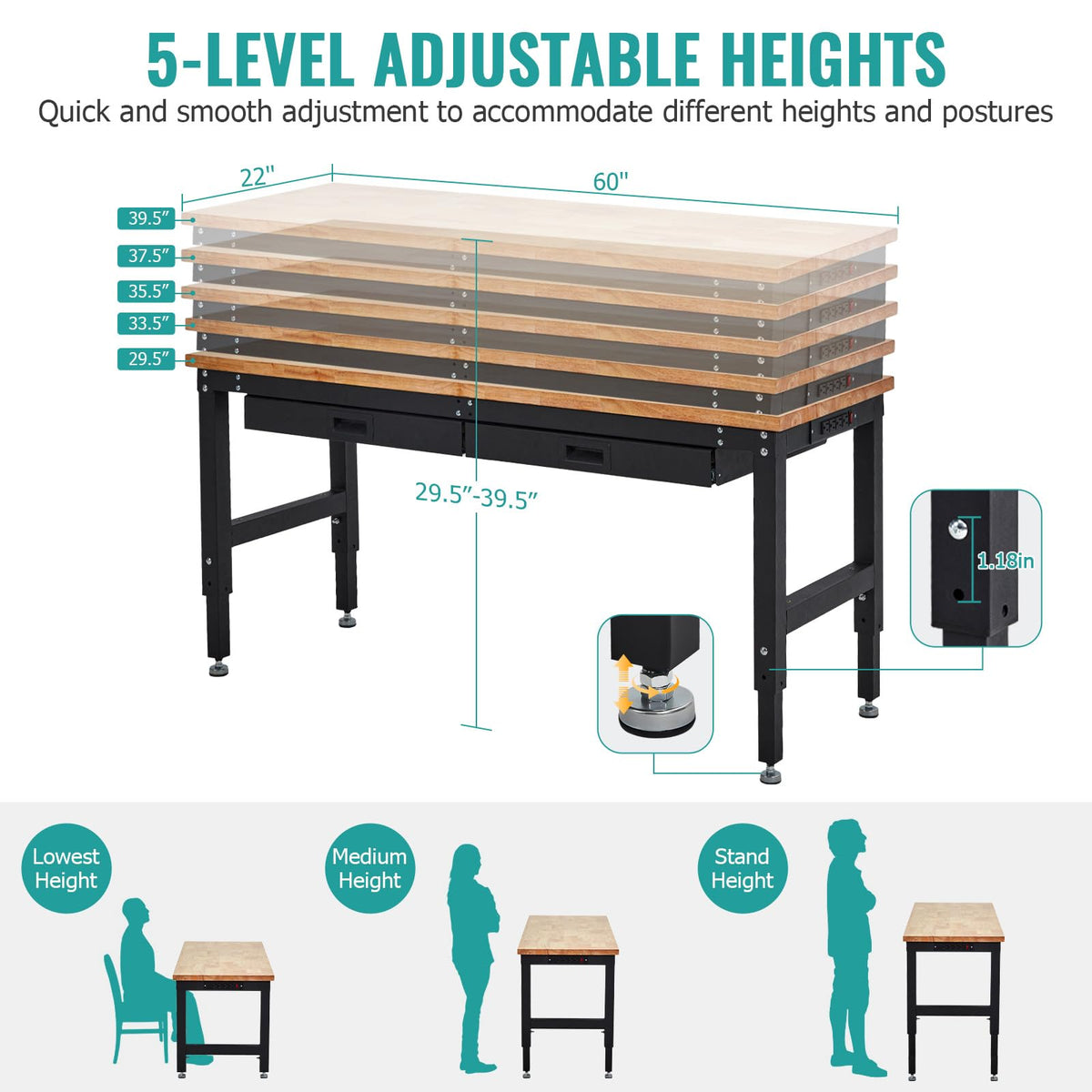 60" Heavy-Duty Garage Workbench with 2 Drawers, Pegboard & Power Outlet