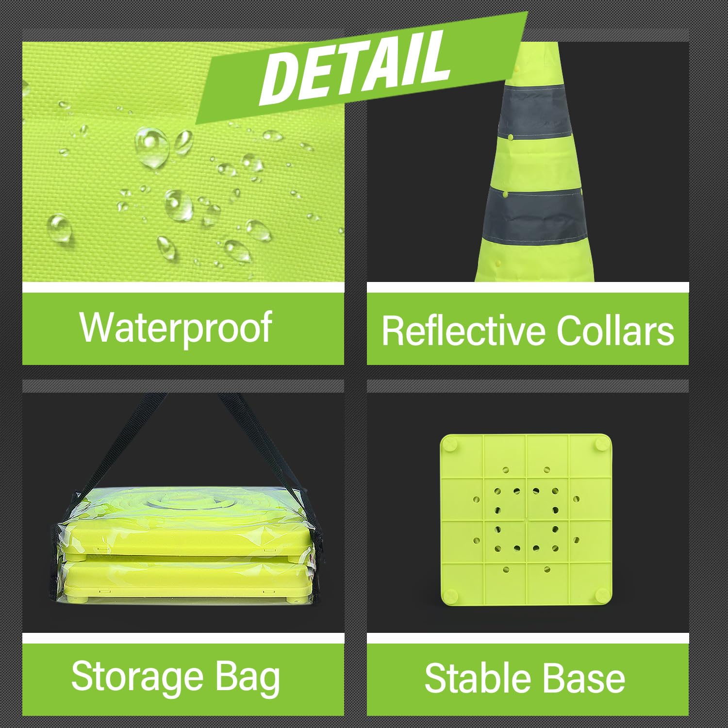 28 Inch 4 Pack Collapsible Traffic Safety Cones with Bag, Green | Pop-up Design, Reflective Collar, Road Safety