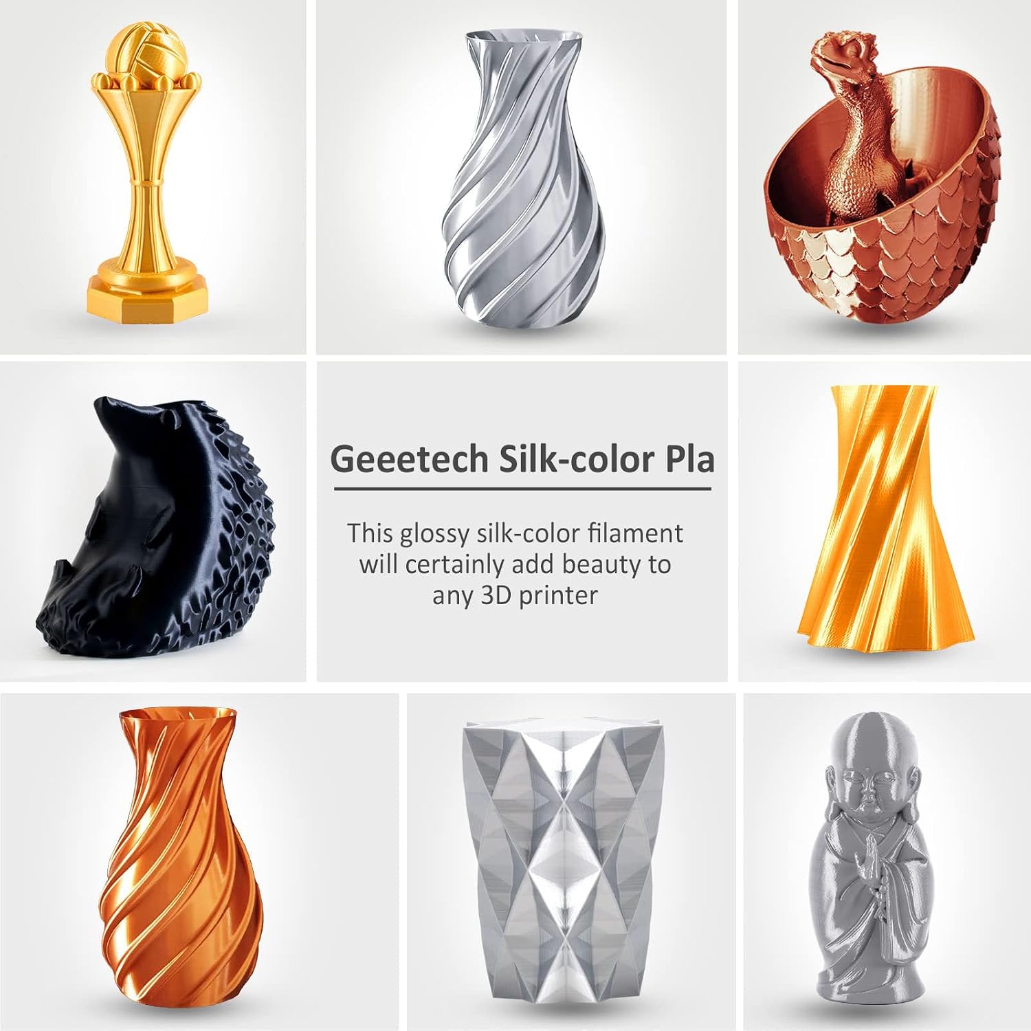 Silk PLA Filament 1.75mm for 3D Printer, Metal-Like Shiny 3D Filament 1kg (2.2lbs) 1 Spool, Dimensional Accuracy +/