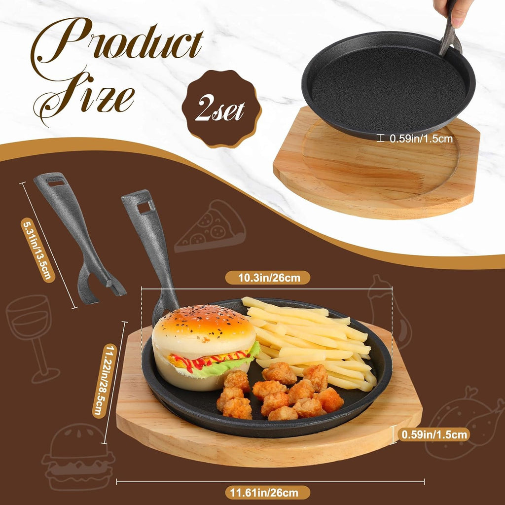 2 Set 10.3 Inch Cast Iron Fajita Plate Set with Wooden Base Anti Scald Protection Removable Handle Fajita Plate
