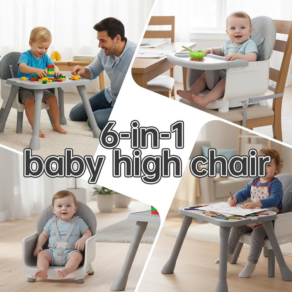 6-in-1 Convertible Baby Highchair, Booster Seat, Toddler Chair & Building Block Table, with Removable Tray, Easy