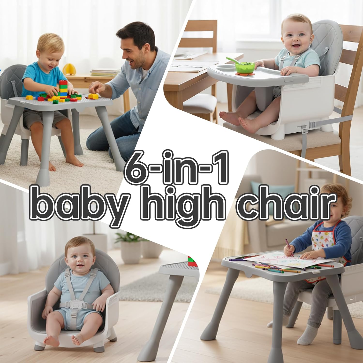 6-in-1 Convertible Baby Highchair, Booster Seat, Toddler Chair & Building Block Table, with Removable Tray, Easy