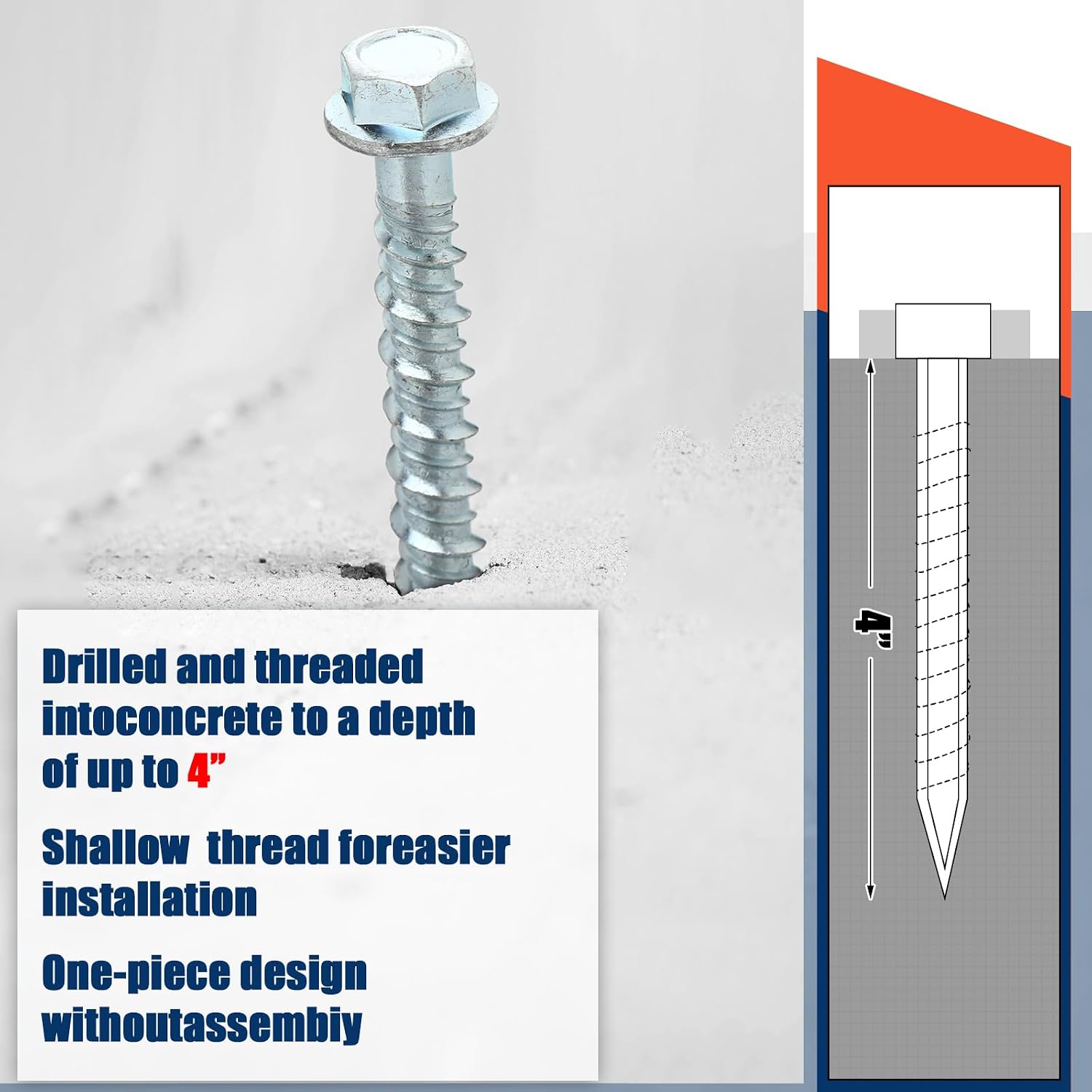 50 Pack 5/16 x 4 Concrete Anchors and Screw Kits Galvanized | Large Diameter, Concrete Bolts Screw, Hex Head, Heavy