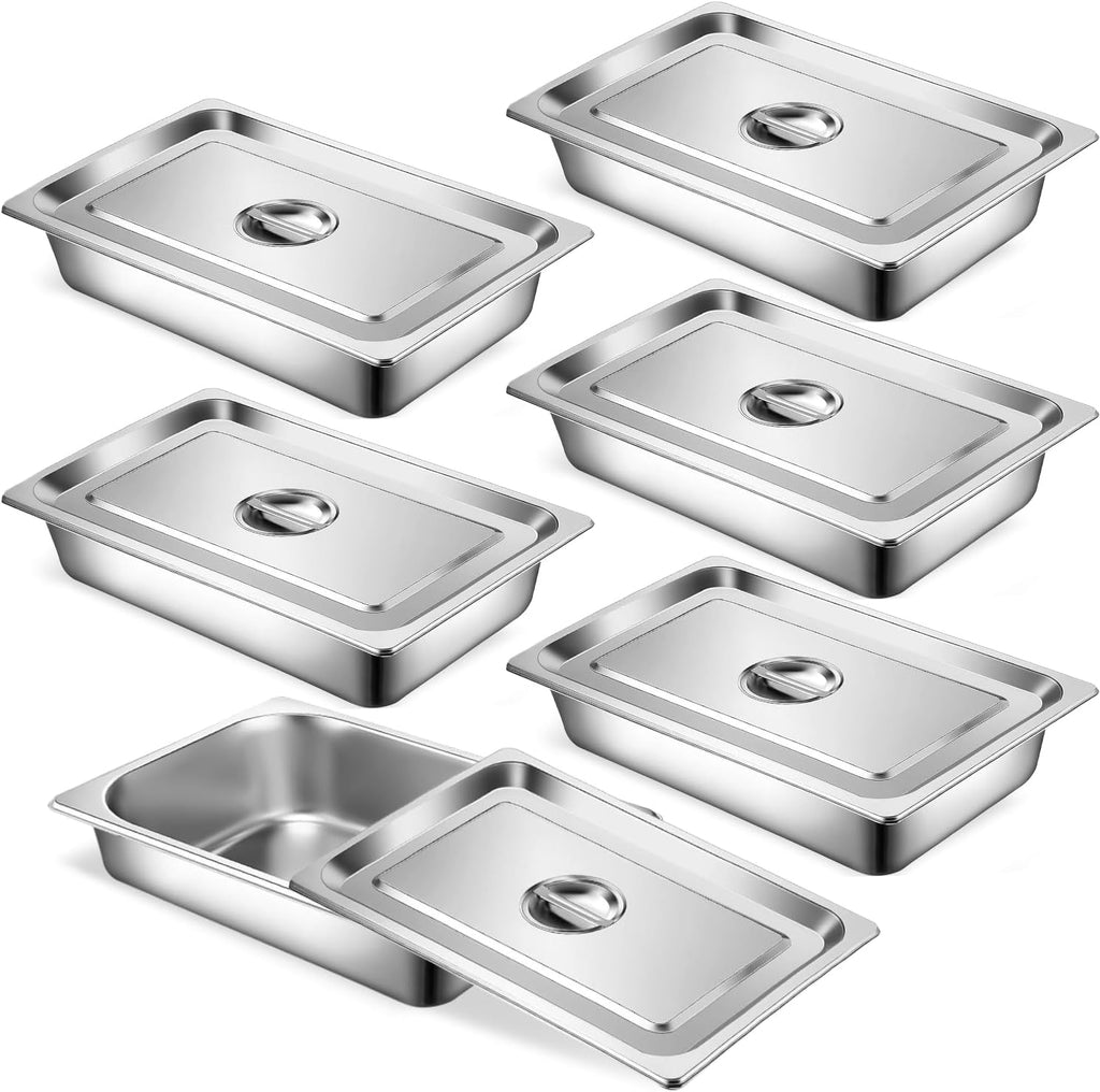 6 Set Hotel Pans Full Size 2.5" Deep Stainless Steel Steam Table Pan w/Lids