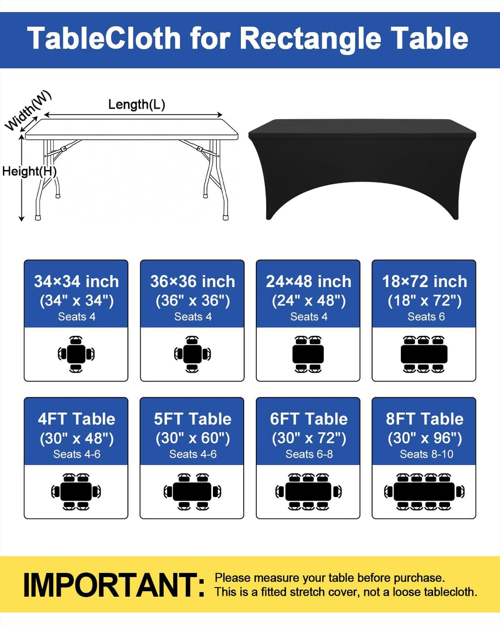2 Pack Spandex Table Cloth 6FT, Elastic Fitted Black Tablecloth