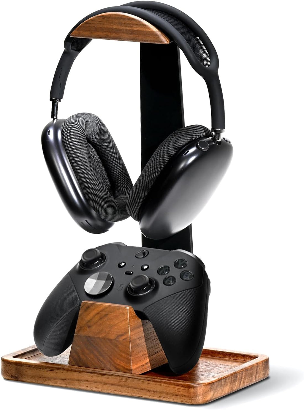 Walnut Headphone Stand with Controller Holder & Storage Base | Solid Wood Grain, Gear & Charger Storage, Gamer Gift