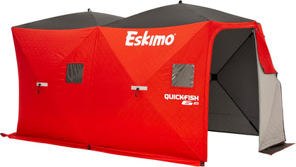 QuickFish 6HD, Pop-Up Portable Shelter, No-Trip Door, Red/Black, Fully Insulated, Deluxe Ice Anchors, Six Person, Ice
