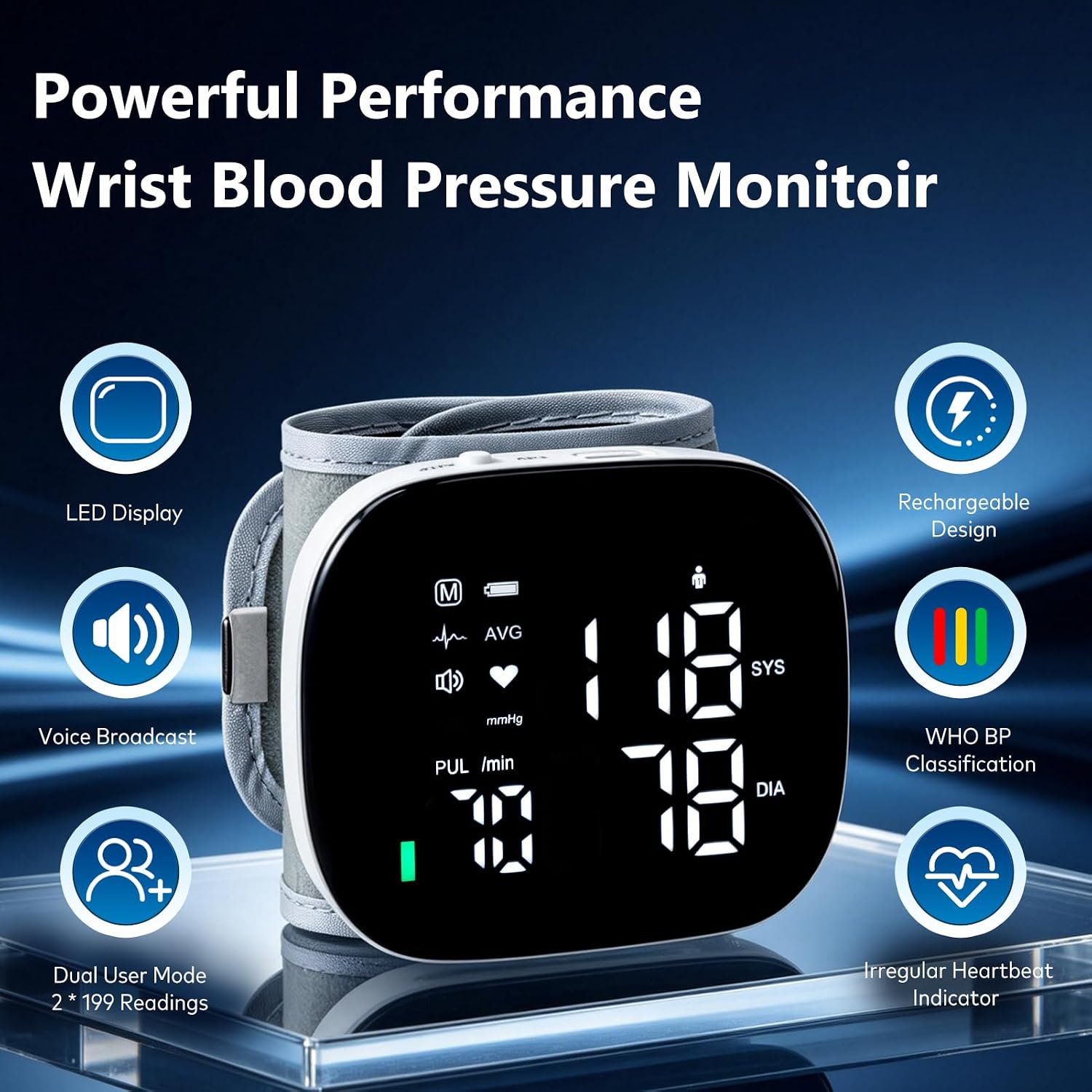 Wrist Blood Pressure Monitor Rechargeable Digital Voice Broadcast LED Backlit BP Machine 199 Memory Storage for 2
