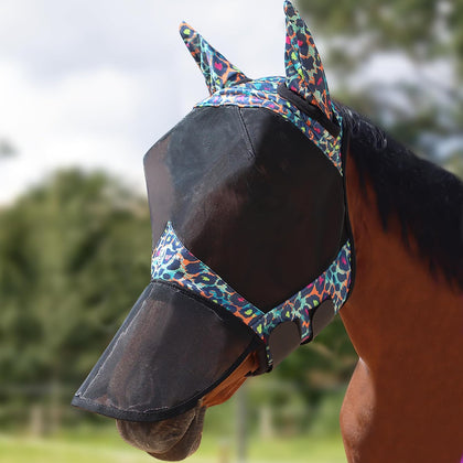Pro LumiVista Horse Full Face Fly Mask Large Eye Space Long Nose with Ears UV Protection for Horse Iridescent Prints L