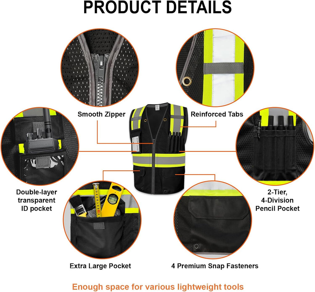 High Visibility Vest for Men Reflective Safety Vest, Black M | 9 Pockets Mesh Safety Vest for Men Women, Class 2 Hi