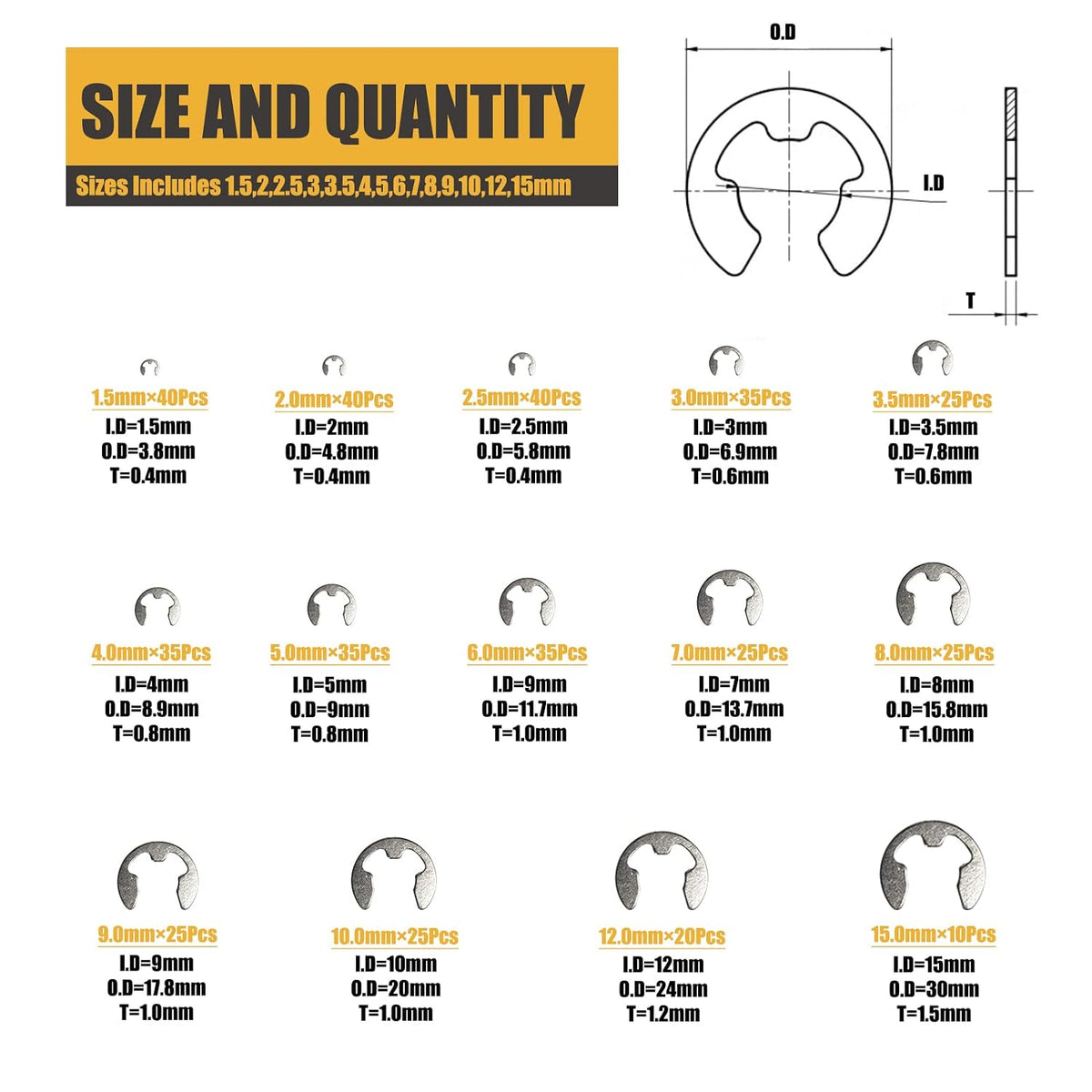E Clips Assortment Kit, Snap Rings Assortment Kit with Retaining Rings, 425PCS 304 Stainless Steel E Clip Set (M1.5-M15)