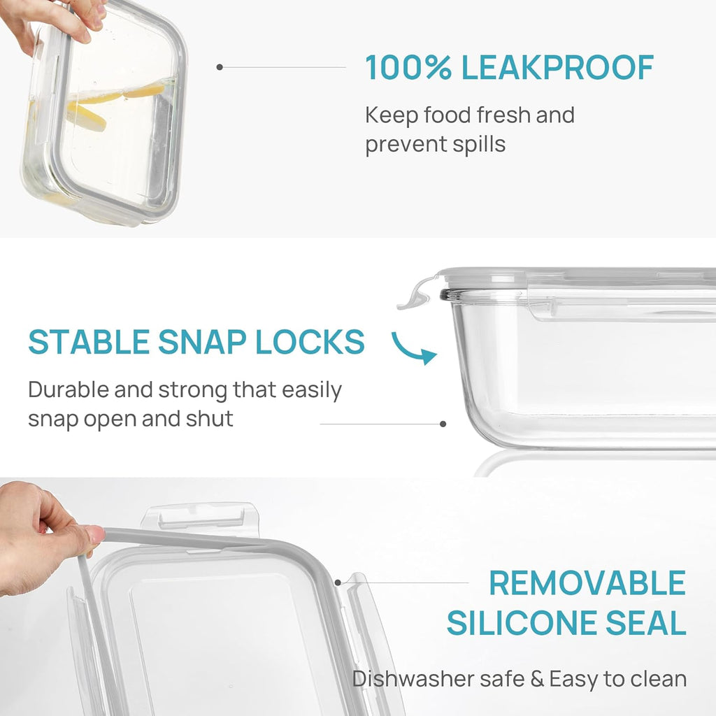 2Pack 1860ml/63oz Large Glass Storage Containers with Lids, Meal Prep Food Container Set with Snap Airtight Lid for