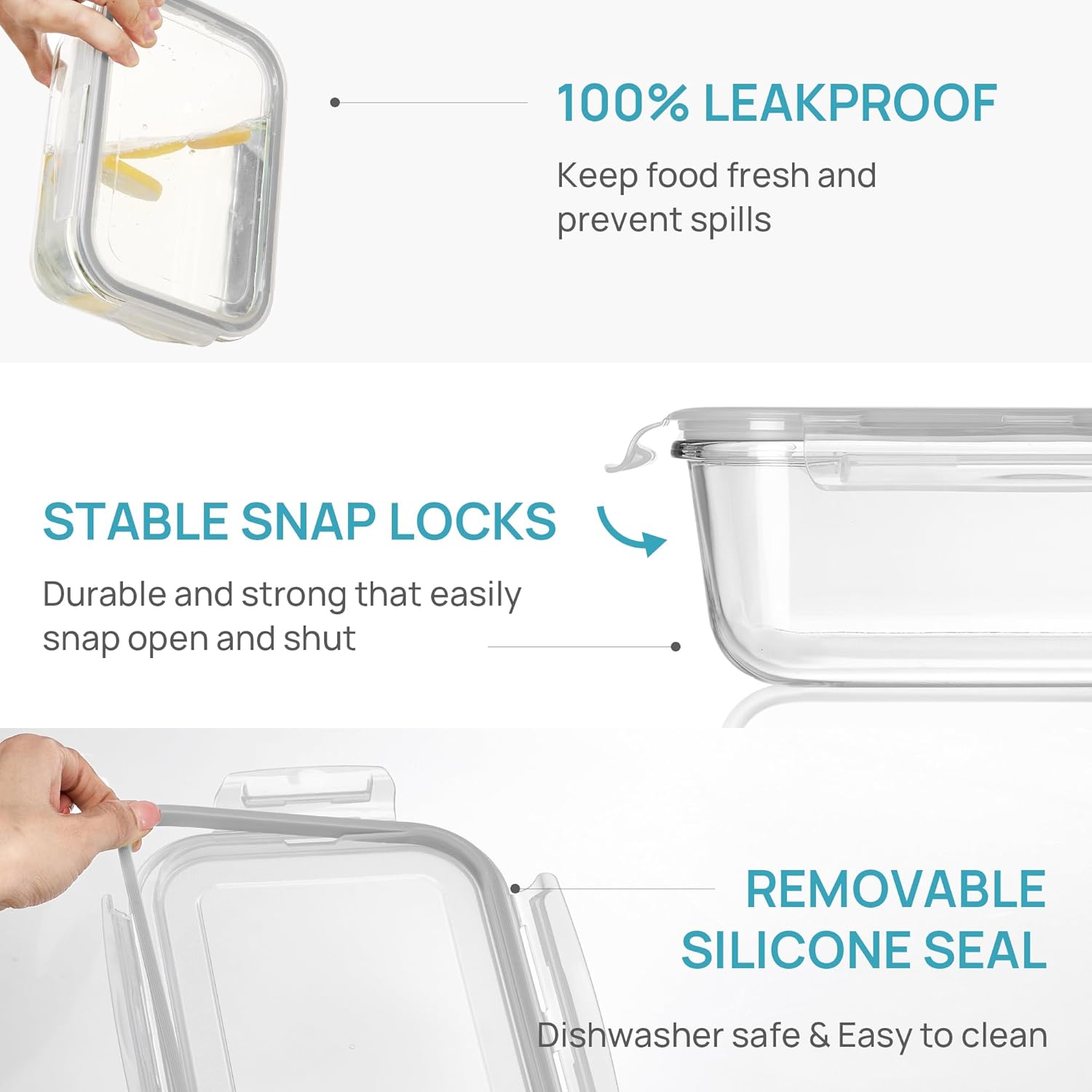 2Pack 1860ml/63oz Large Glass Storage Containers with Lids, Meal Prep Food Container Set with Snap Airtight Lid for