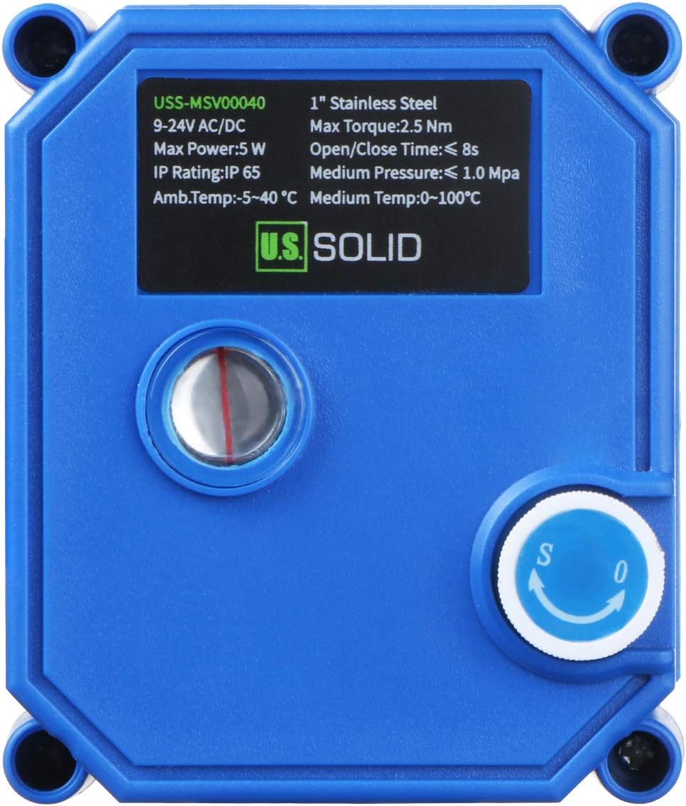 U.S. Solid Motorized Ball Valve- 1" NSF Certified 304SS Ball Valve with Manual Function, Full Port, 9-24V AC/DC and 2 Wire Auto Return Setup