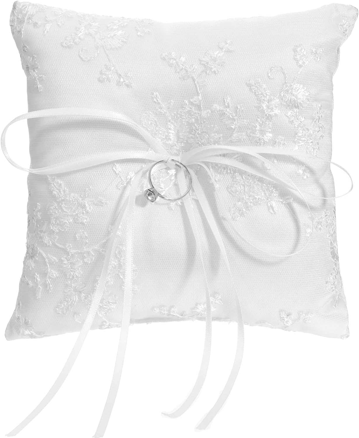 Wedding Ring Bearer Pillow, White Lace Trim Cotton Cushion Elegant Ring Holder for Wedding Ceremony and Proposal