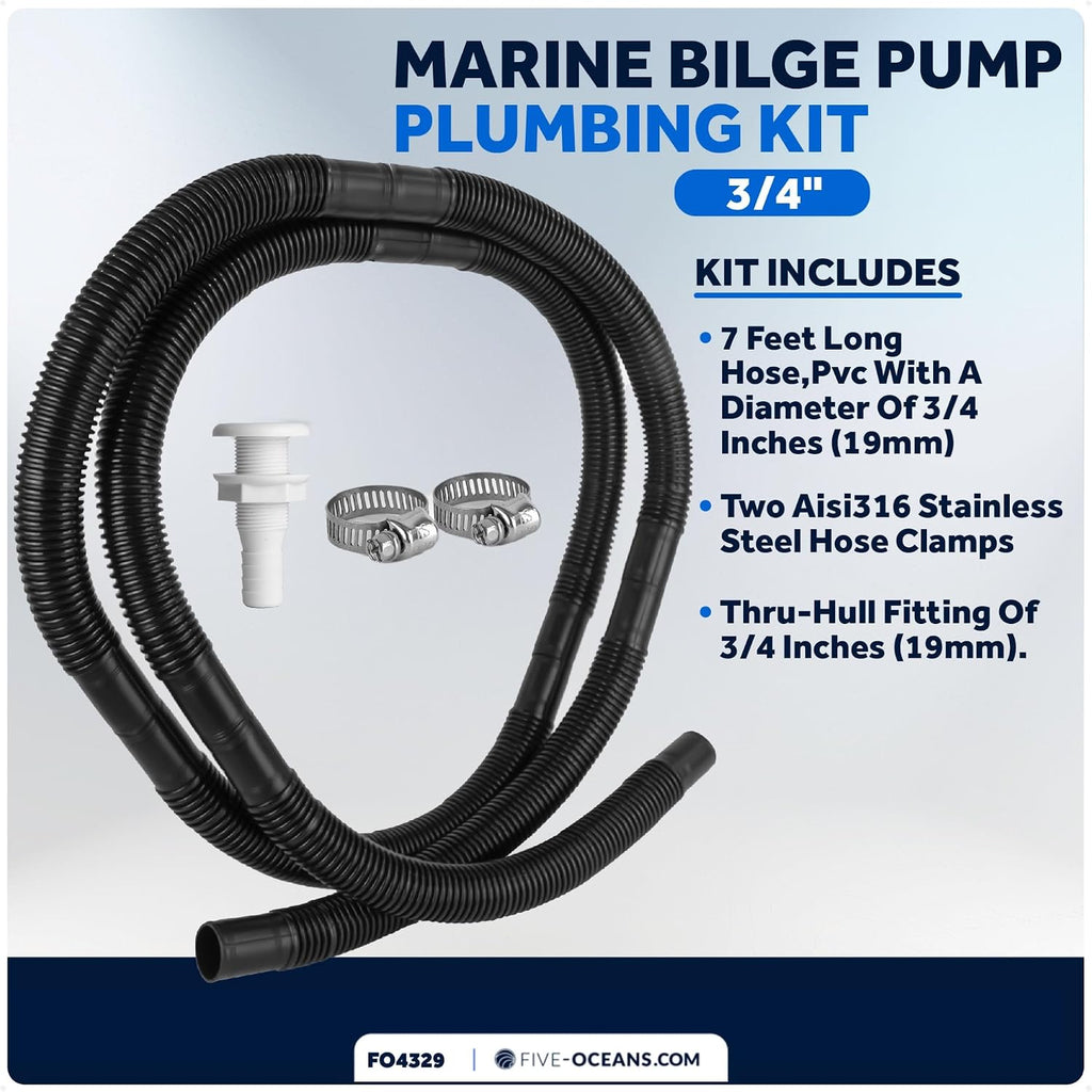 Five Oceans 3/4" Hose Bilge Pump Plumbing Kit, 7-Feet Kink-free Flexible PVC, 2 Stainless Steel Hose Clamps and Tru-Hull Fitting - FO4329
