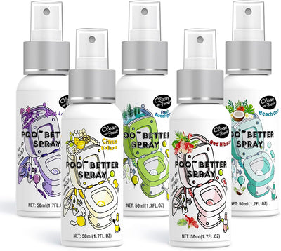 Toilet Spray, 8.5 Fl Oz Variety Pack of 5 - Citrus, Hibiscus, Lavender, Eucalyptus, Beach Coco, Travel Essentials