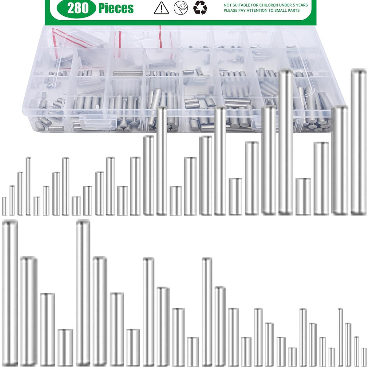 280Pcs 28 Sizes 304 Stainless Steel Dowel Pins Assortment Set, M1.5 M2 M2.5 M3 M4 M5 M6 Shelf Support Peg Pin Rod Fasten Elements