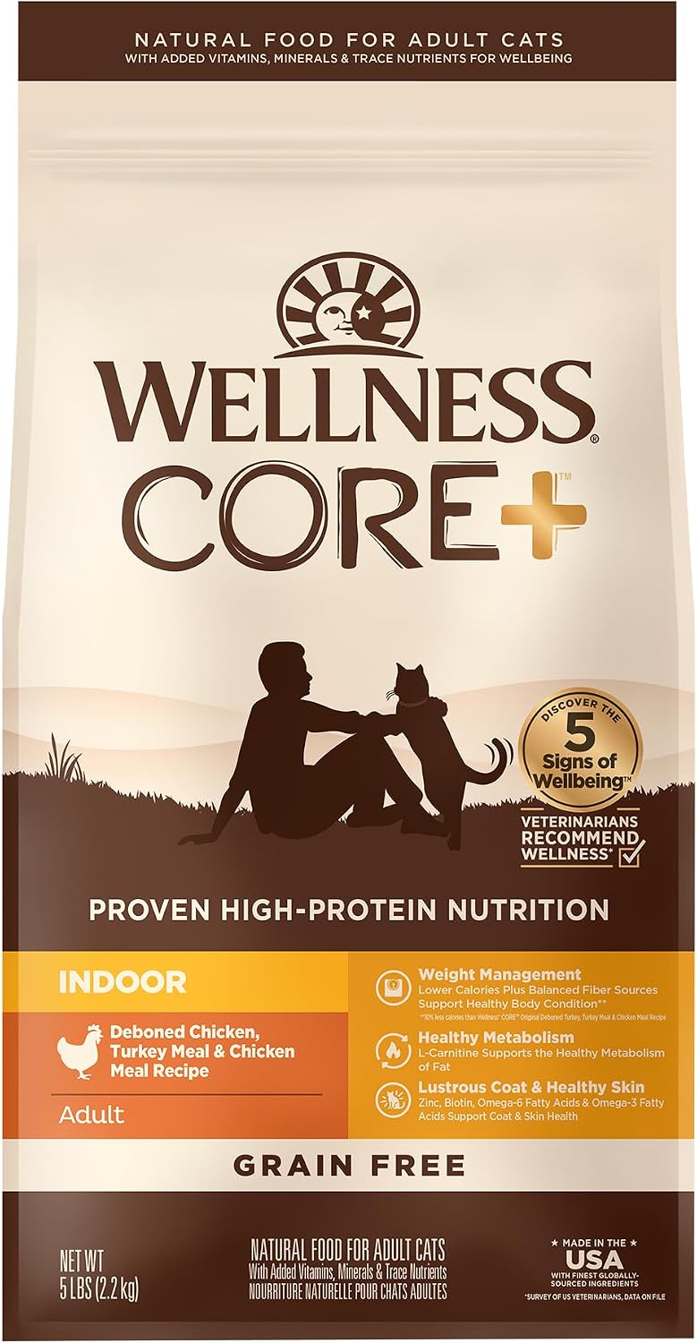 CORE+ Adult Dry Cat Food for Indoor Cats, Natural, Grain Free Kibble, Chicken, Turkey and Chicken Meal Recipe, 5 lb Bag