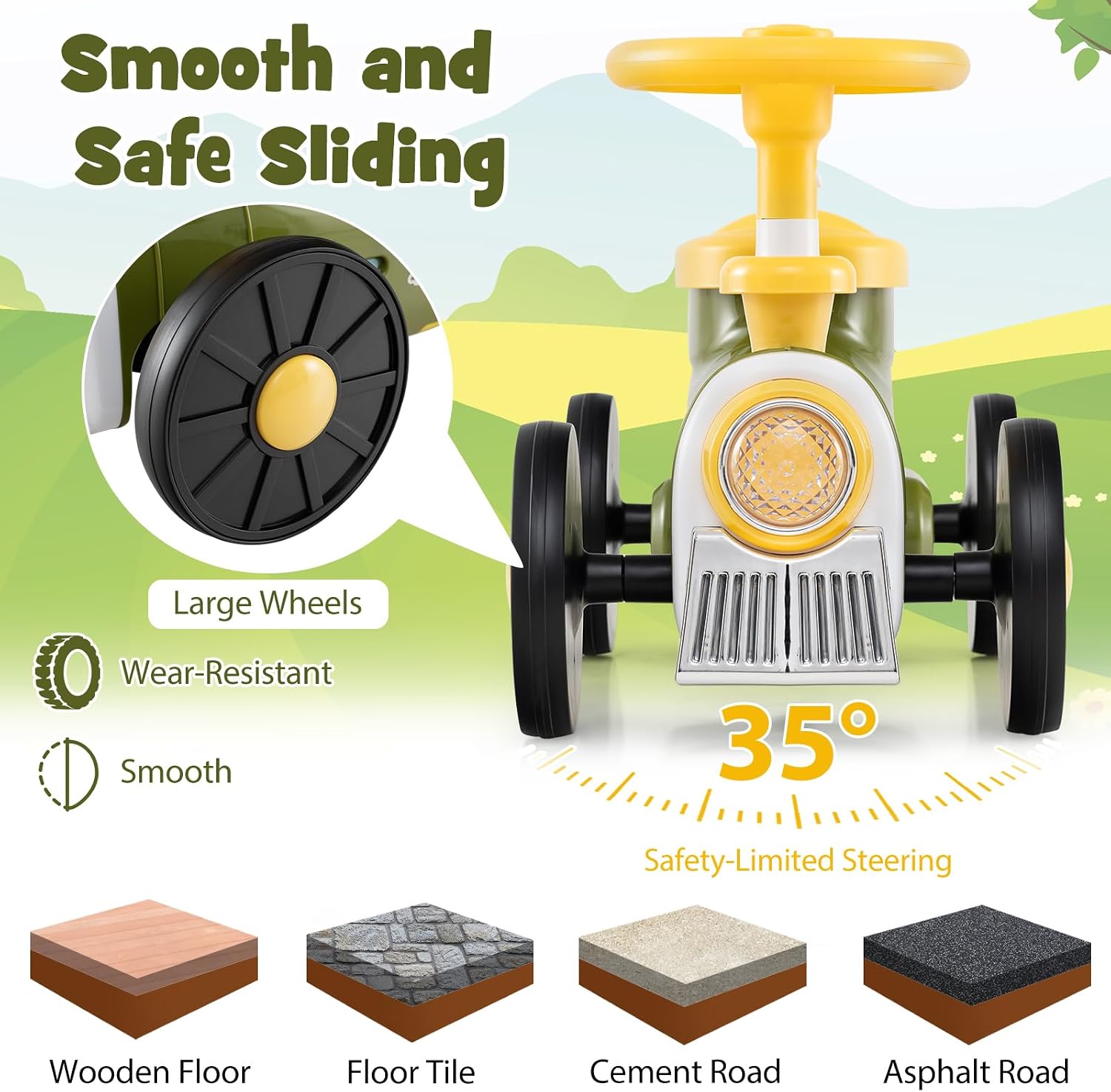 Ride On Push Car, Retro Kids Riding Toy with Steering Wheel, Train Whistle Sound & Under Seat Storage, Foot-to-Floor