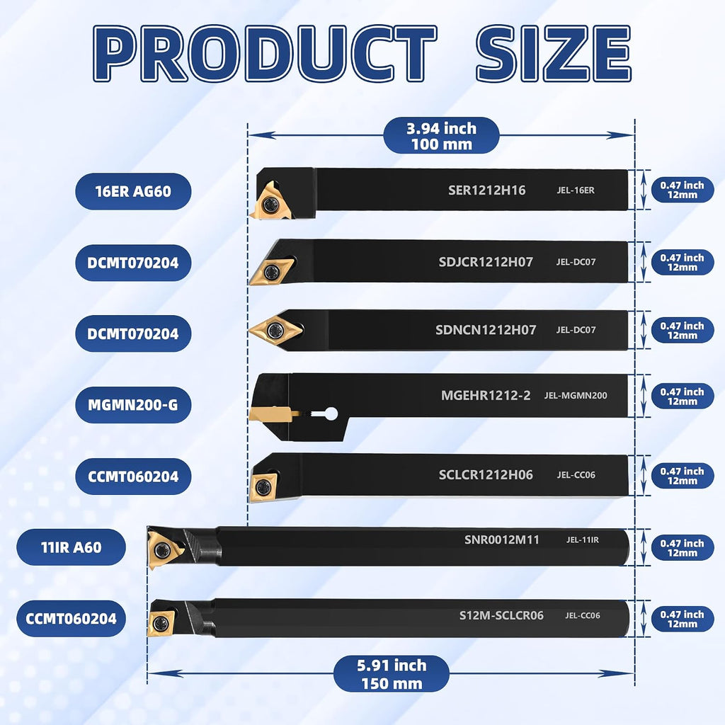 21-Pcs Indexable Lathe Tool Set with 7PCS 1/2" 12mm Shanks Turning Tool Holders and 14PCS Carbide Inserts for Turning, Grooving, Threading, Boring