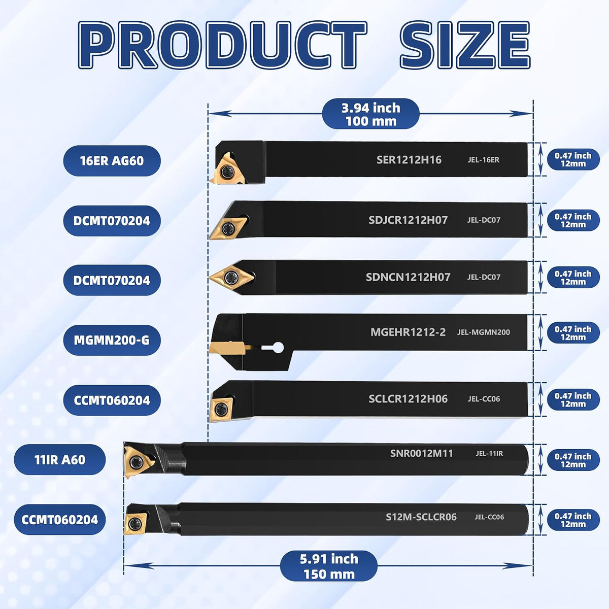 21-Pcs Indexable Lathe Tool Set with 7PCS 1/2" 12mm Shanks Turning Tool Holders and 14PCS Carbide Inserts for Turning, Grooving, Threading, Boring