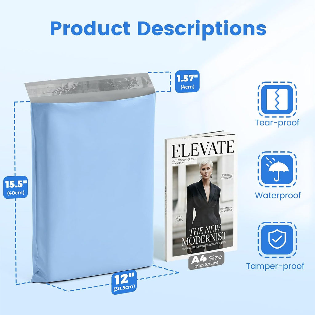 Poly Mailers 12x15.5 50PC Shipping Bags for Clothing Light Blue | Medium Size Self-Seal Mailing Poly Bags Shipping