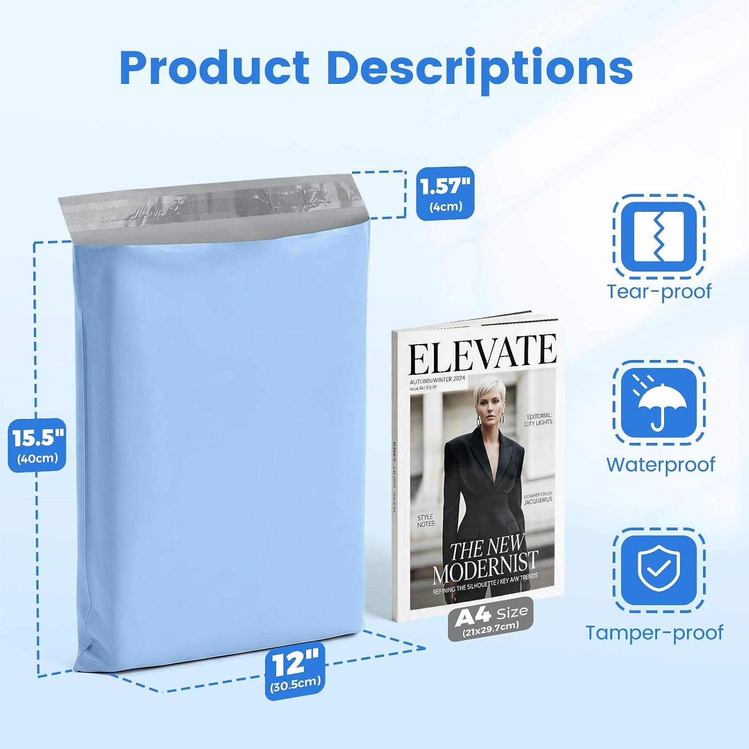 Poly Mailers 12x15.5 50PC Shipping Bags for Clothing Light Blue | Medium Size Self-Seal Mailing Poly Bags Shipping