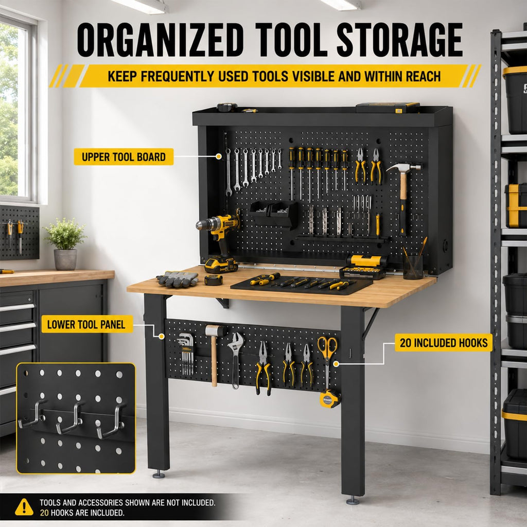Wall Mounted Fold Down Workbench with Pegboard Organizer, Heavy Duty Folding Work Table with Storage Shelf, Space