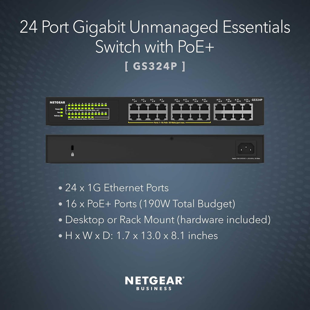24-Port PoE Gigabit Ethernet Unmanaged Network Switch (GS324P) | With 8 x 1G and 16 x 1G PoE+ Ports @ 190W, Desktop