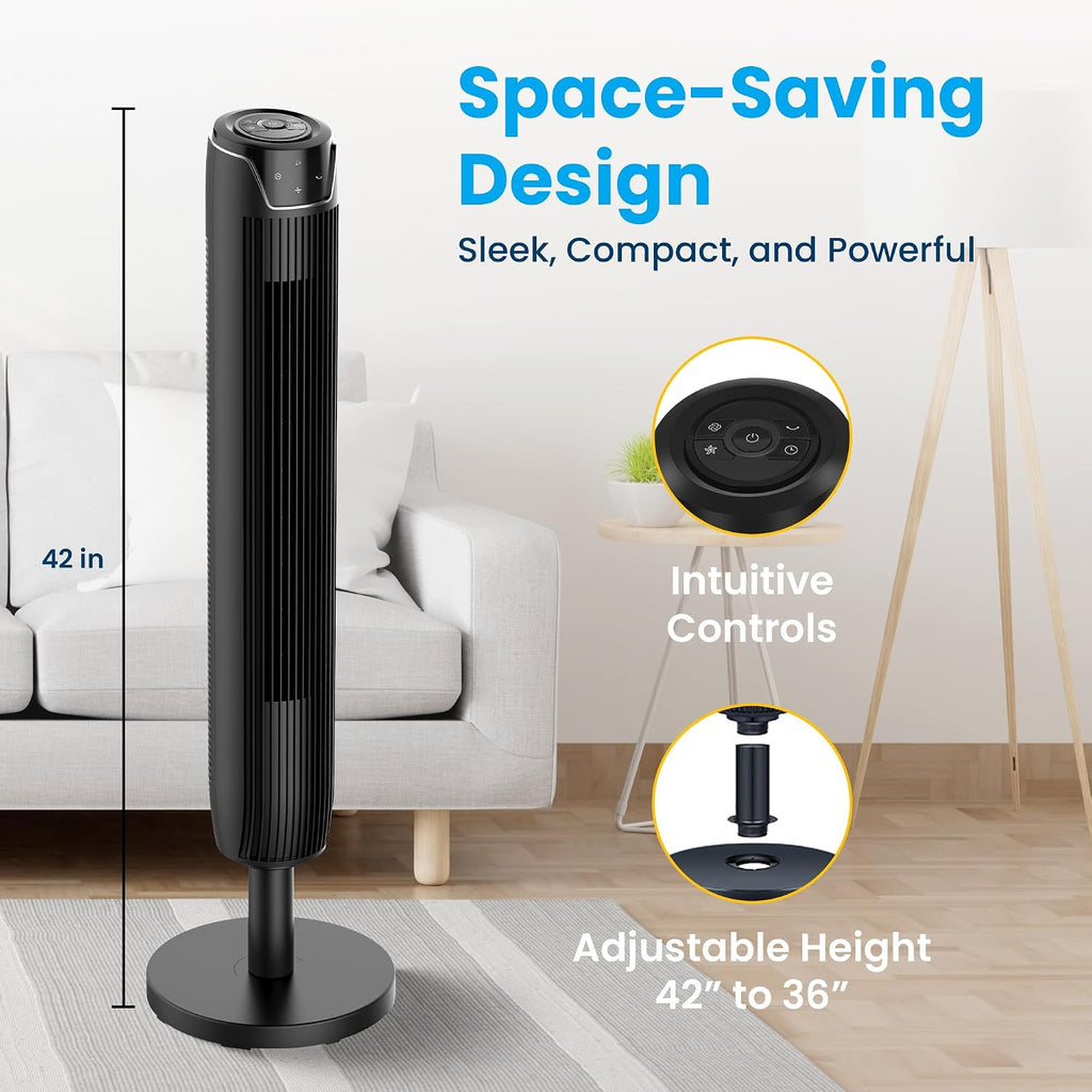 Bladeless Oscillating Tower Fan for Bedroom, Remote, Quiet, Black | 42in Height, LED Display, 3 Speed Modes, 7-Hour