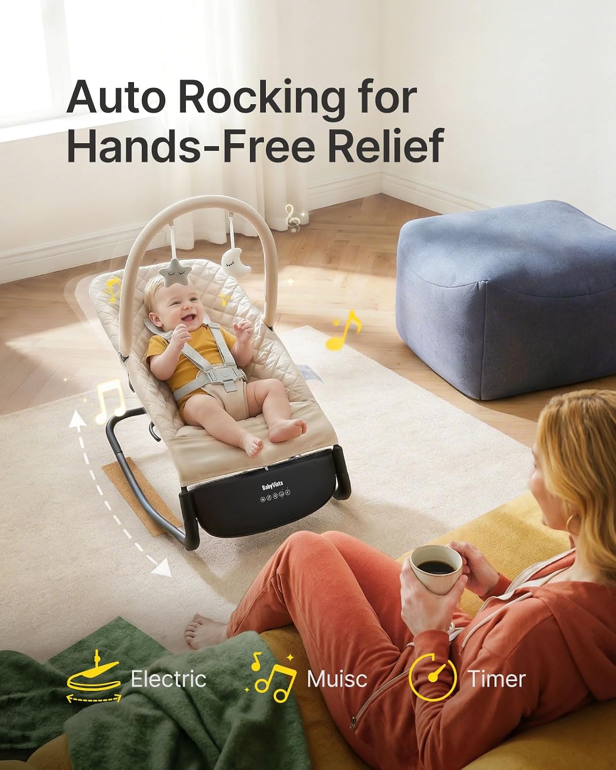 Electric Baby Bouncer Smooth Auto-Rock 3-Speed for Newborns (Up to 40lbs) | Baby rocker for 0-12 months (under