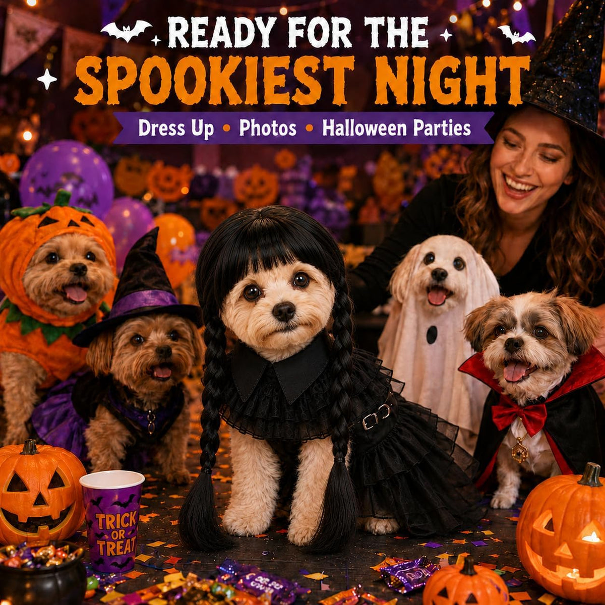 Halloween Dog Costumes - 3 Pcs Puppy Cute Pet Black Dress & Wig, Small