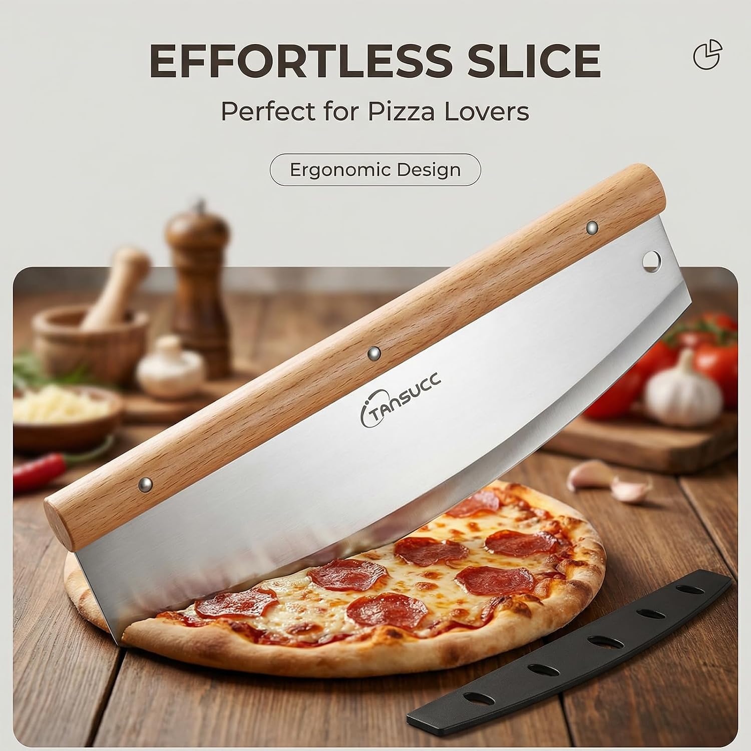 12 Inch Pizza Cutter Rocker Blade, Stylish Rubberwood Wood Handle, Protective Cover - sharp pizza cutter