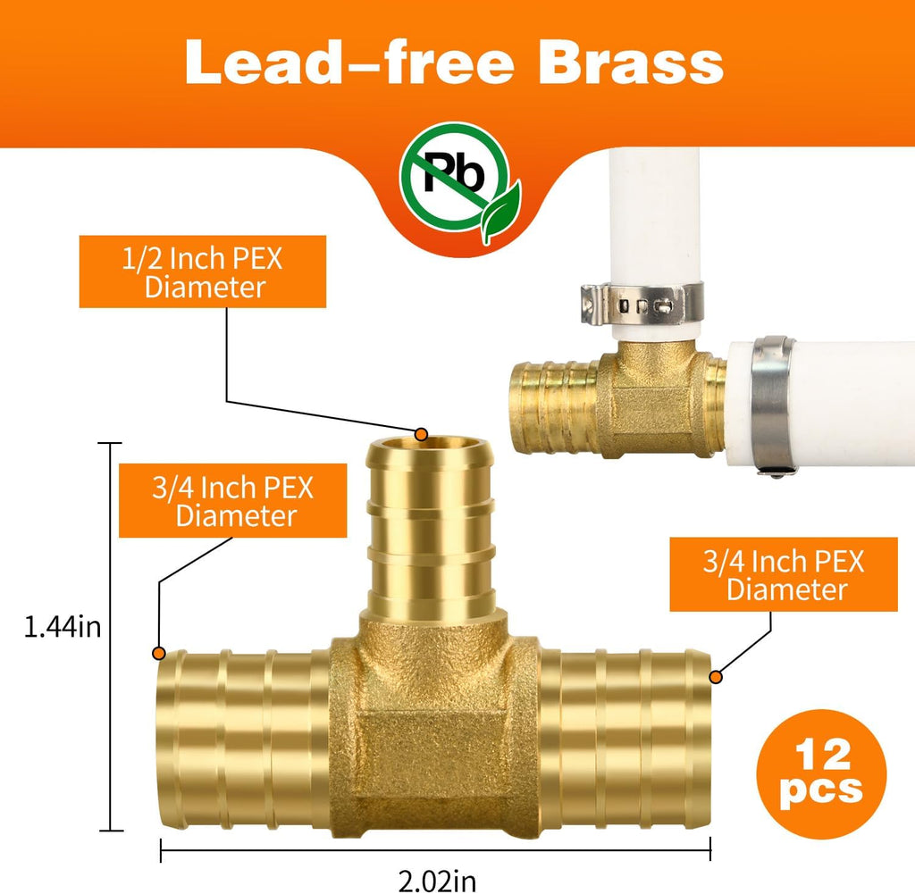 12 Pack 3/4" × 3/4" × 1/2" Brass PEX TEE Fittings