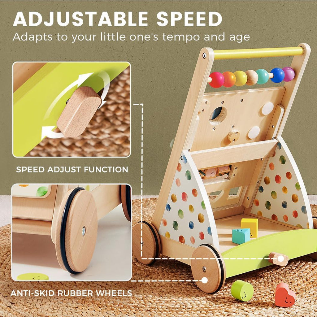Wooden Baby Walker with Activity Center, Montessori Push Walker | Adjustable speed for beginners, From sitting play