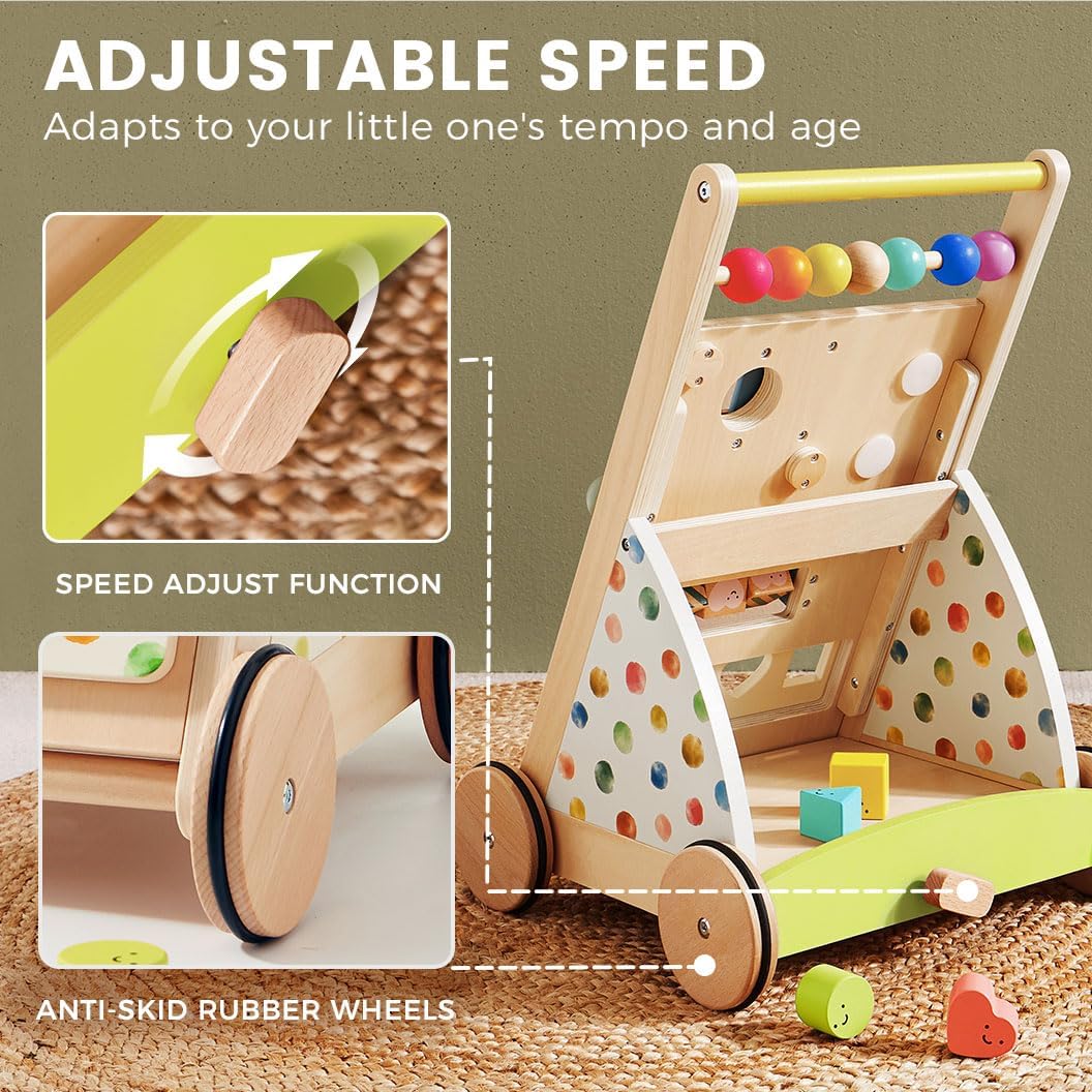 Wooden Baby Walker with Activity Center, Montessori Push Walker | Adjustable speed for beginners, From sitting play