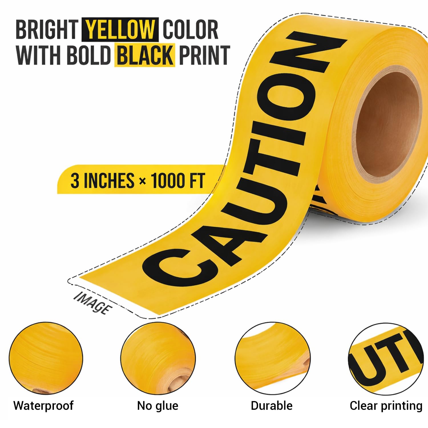 Yellow Caution Tape Roll Bulk, 6 Rolls x 1000ft, 6000 ft, 3" Wide | 6000 Ft Bulk Coverage, High-Visibility, Heavy