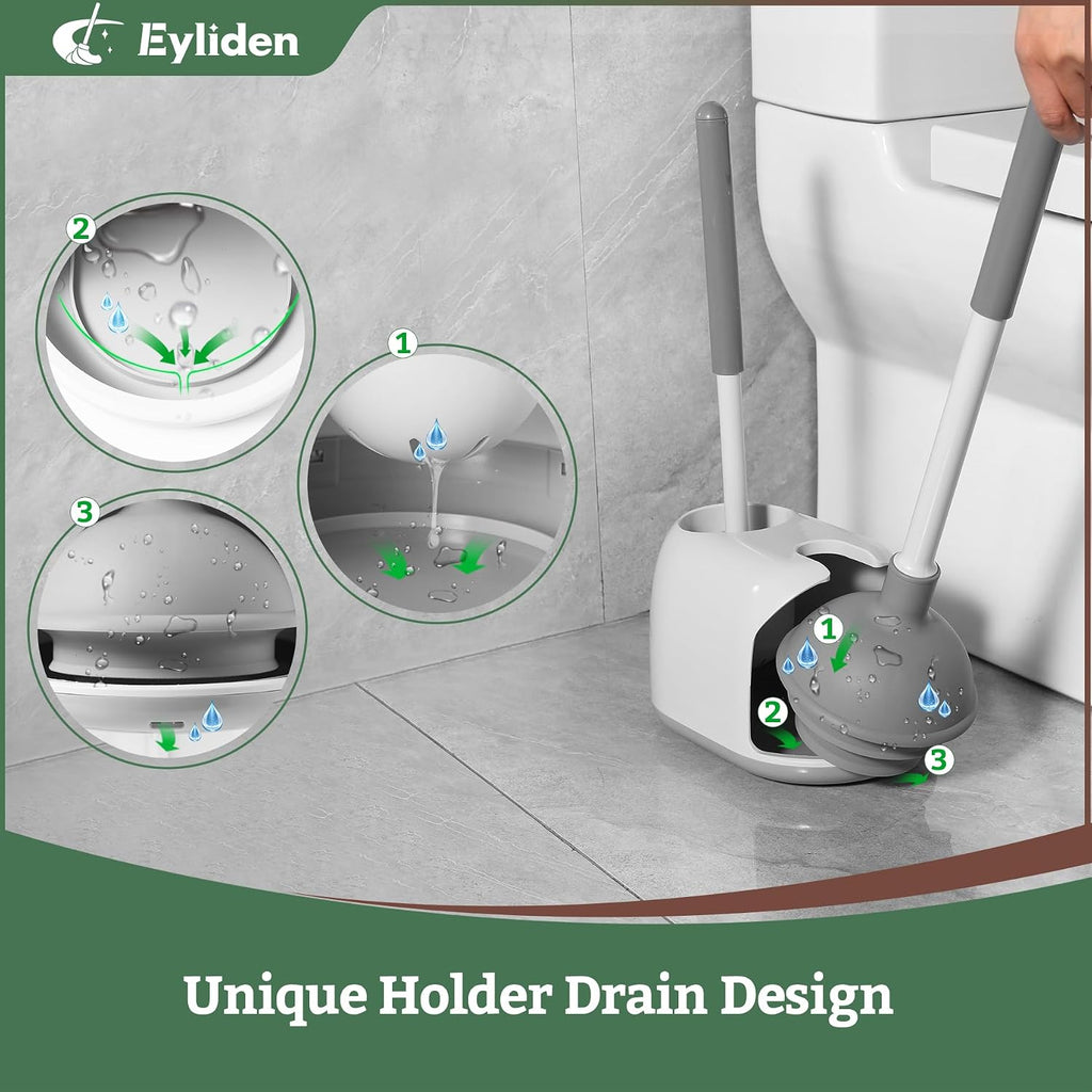 Toilet Plunger & Brush Set, 3-Step Suction Cup, Compact Caddy | Space-Saving Toilet Deep Cleaning Combo with Holder