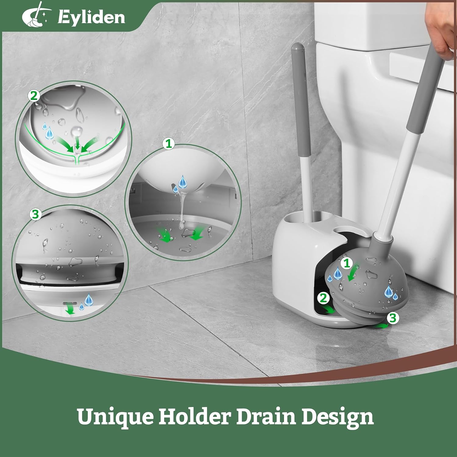 Toilet Plunger & Brush Set, 3-Step Suction Cup, Compact Caddy | Space-Saving Toilet Deep Cleaning Combo with Holder