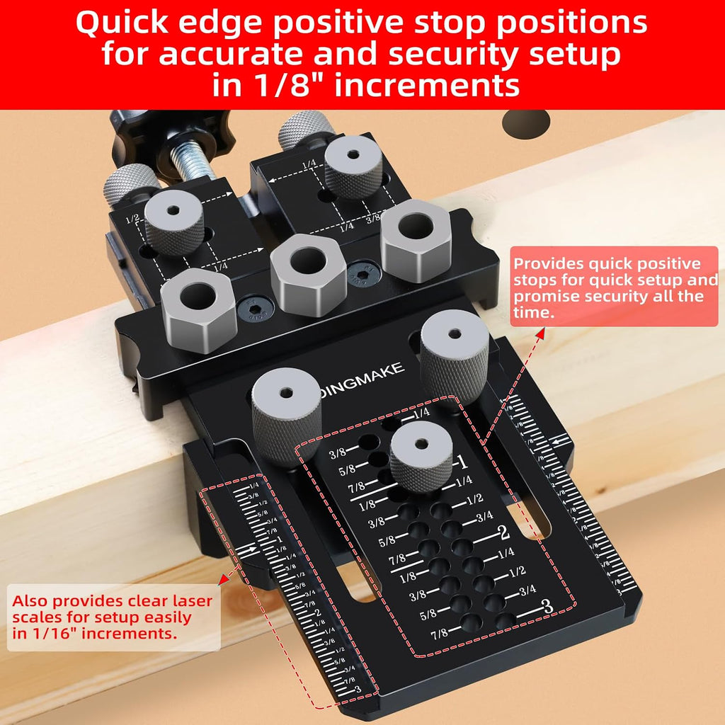 Dowel Jig Kit with Quick Positive Stop and Clamp, Adjustable Doweling Jig for Drill 1/4, 3/8 and 1/2 Inch Accurate