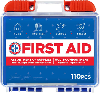 110 pc First Aid Kit: Clean, Treat, Protect Minor Cuts, Home, Office, Car, School, Business, Travel, Emergency