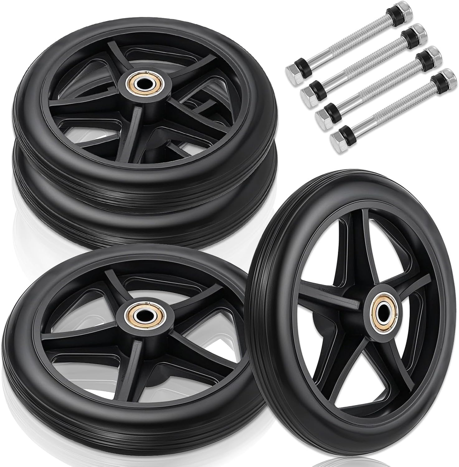 4 Pack Wheel Replacement with 4 Axles, 6 Inch Heavy-Duty Anti-Slip Solid Caster Roller Wheels for Walkers Wheelchair