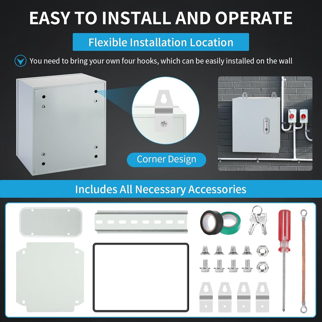 Steel Electrical Enclosure, 12 x 10 x 6'' Outdoor Wall-Mounted Weatherproof Box, Lockable Lid & Integrated Mounting Plate for Industrial/Commercial Electrical Installations