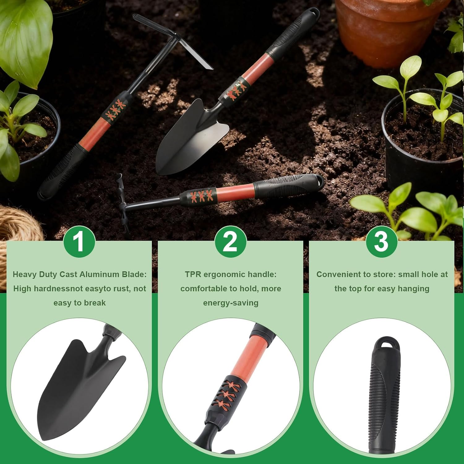 Garden Tool Set, 4 Pack Gardening Tools, Stainless Steel Heavy Duty Hand Cultivator, Hoes, Shovel