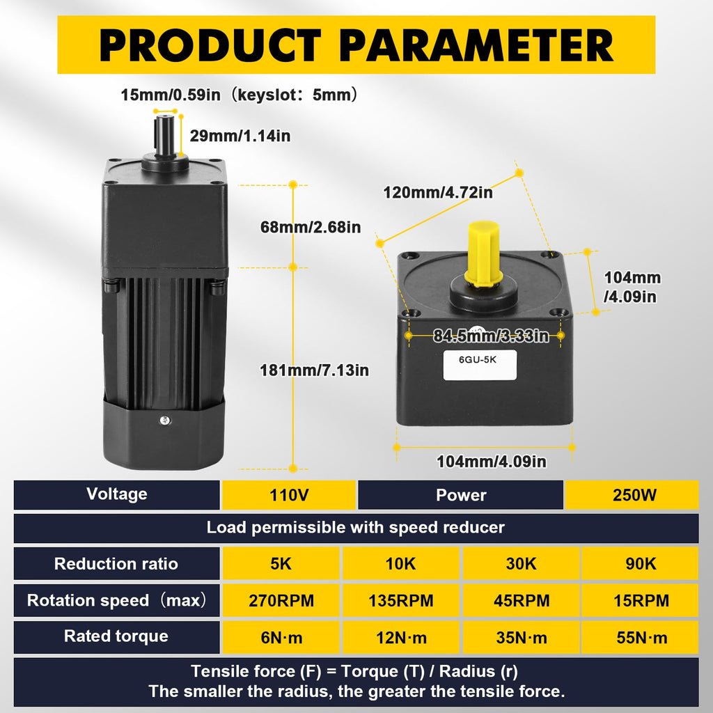 JIAWANSHUN 250W High Torque AC Gear Reducer Motor 0-135RPM(10K)